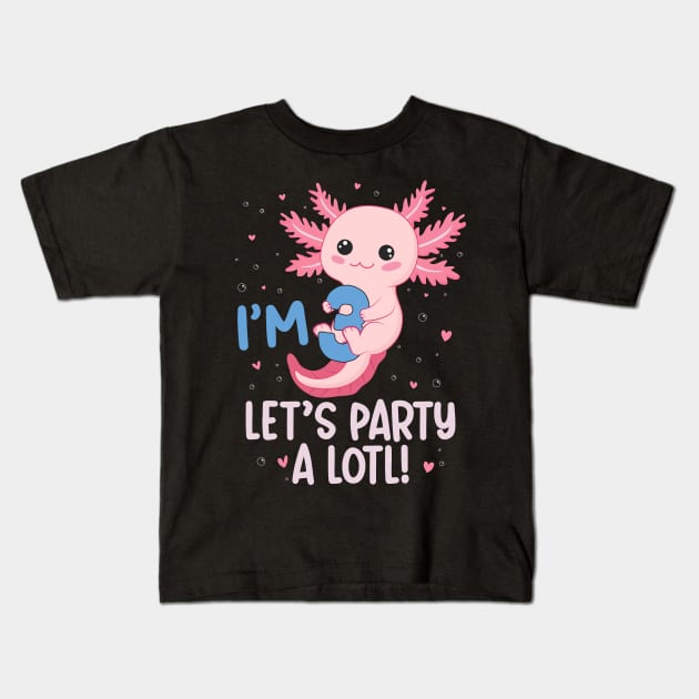 Funny 3rd Birthday I'm 3 Years Old lets party Axolotl Kids T-Shirt by Msafi